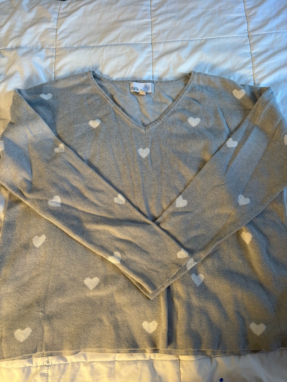 Nordstrom Light Gray V-Neck Heart Pattern Sweater
